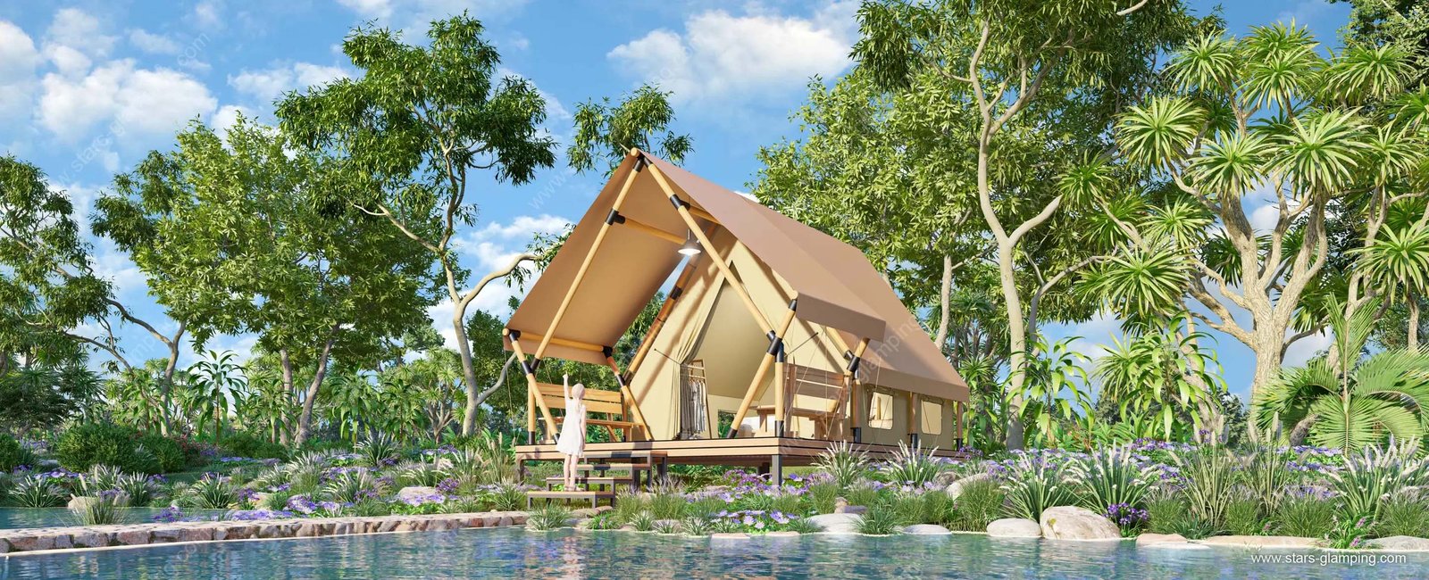 a woman standing on a platform next to a lake