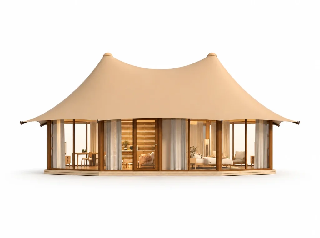 Luxury Tent – Gemini exterior render with twin roof peaks above curved glazed walls.
