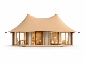 Luxury Tent – Gemini exterior render with twin roof peaks above curved glazed walls.