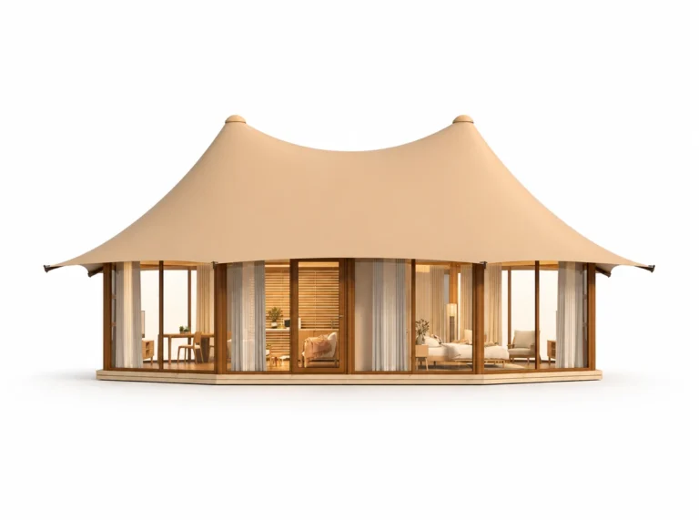 Luxury Tent – Gemini exterior render with twin roof peaks above curved glazed walls.