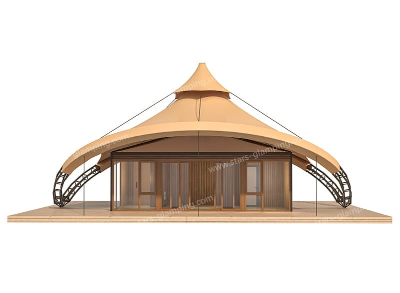 The Luxury Tent – Tethys offers an expansive 190 square meters of total space, with a dedicated living area of 40 square meters (5×8 meters). Designed for those who appreciate both luxury and nature, it brings an eco-friendly ambiance that perfectly complements its surroundings, even releasing a subtle natural fragrance to enhance the sensory experience.