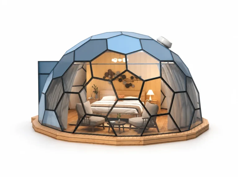 Honeycomb Dome exterior render with blue hexagonal panels, glazed front and furnished interior.