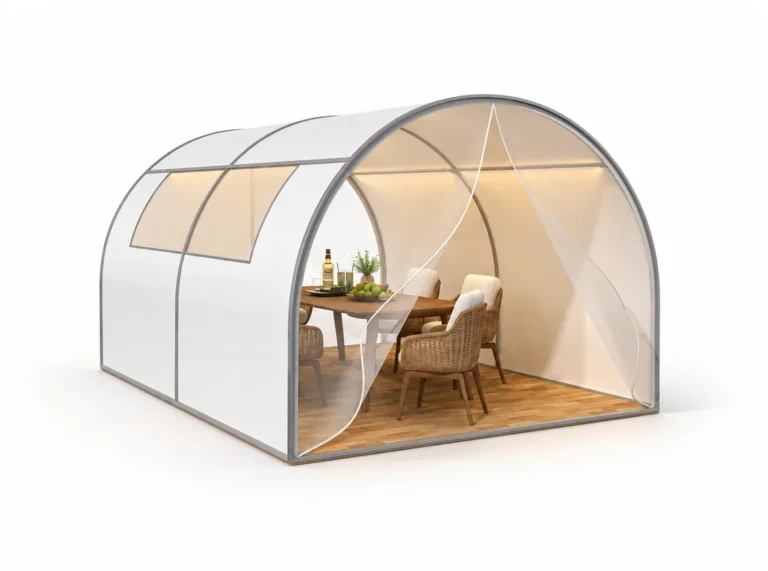 Dining Dome exterior render with an arched transparent enclosure and a dining table.
