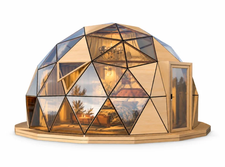 Glass Dome exterior render with triangular glazing panels and glass entrance door on a white background.