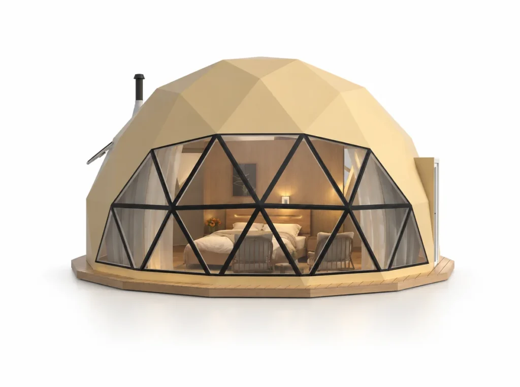 Hybrid Dome exterior render with tan geometric roof panels and a glazed front.