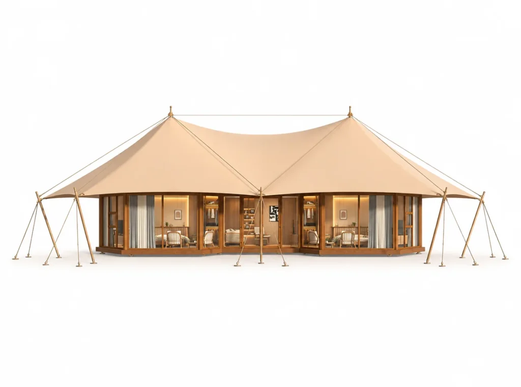 Luxury Tent – Capricorn exterior render with twin peaked roofs and glazed front walls.
