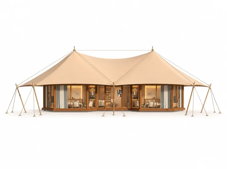 Luxury Tent – Capricorn exterior render with twin peaked roofs and glazed front walls.