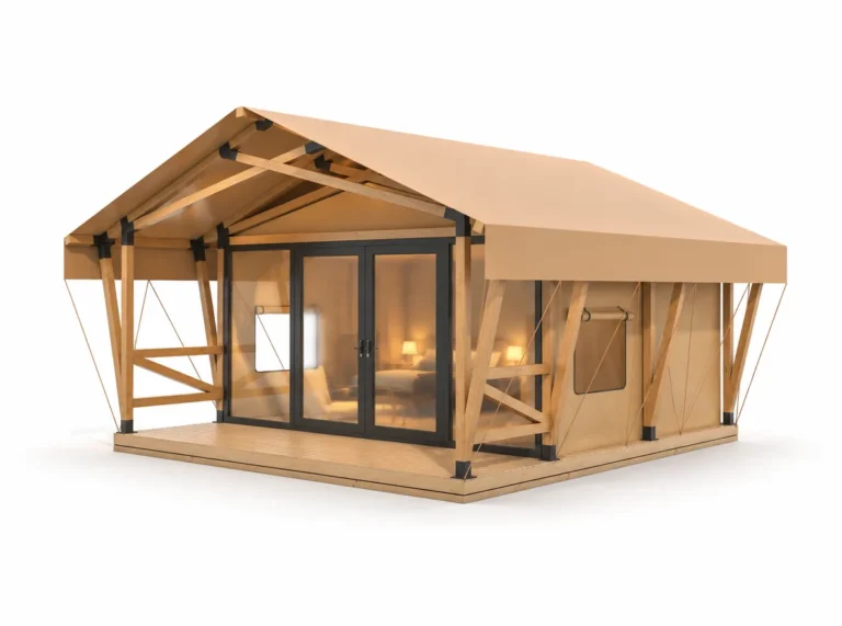 Luxury Tent – Chalet exterior render with a pitched roof and timber porch frame.