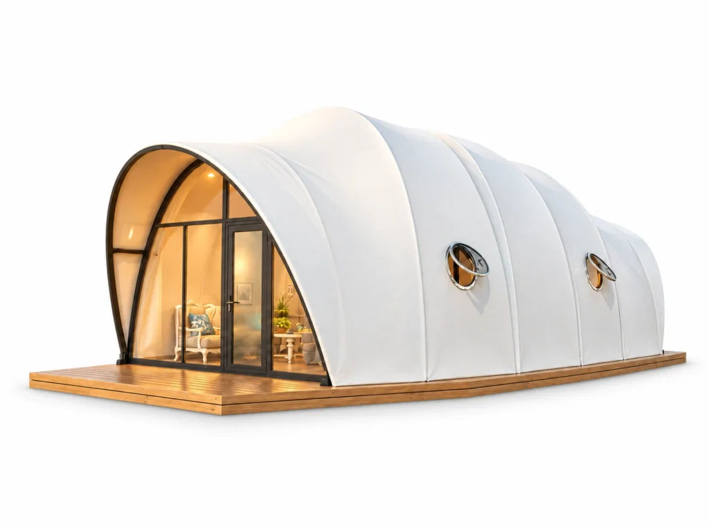 Luxury Tent - Cocoon exterior render with white cocoon roof, arched glass entrance and round side windows on a white background.