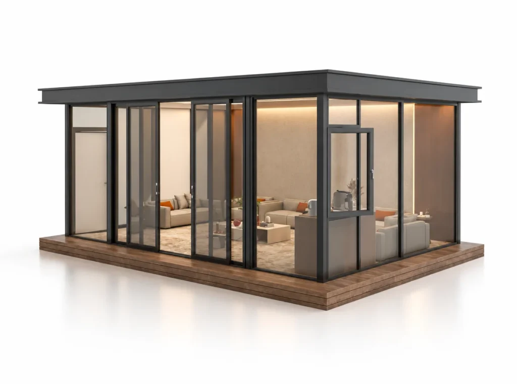 Luxury Tent – Diwaniyah exterior render with a dark rectangular frame and glazed walls.
