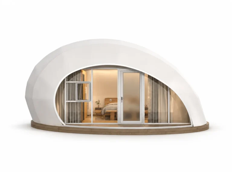 Luxury Tent – Eggshell exterior render with a low curved white shell and glazed front.