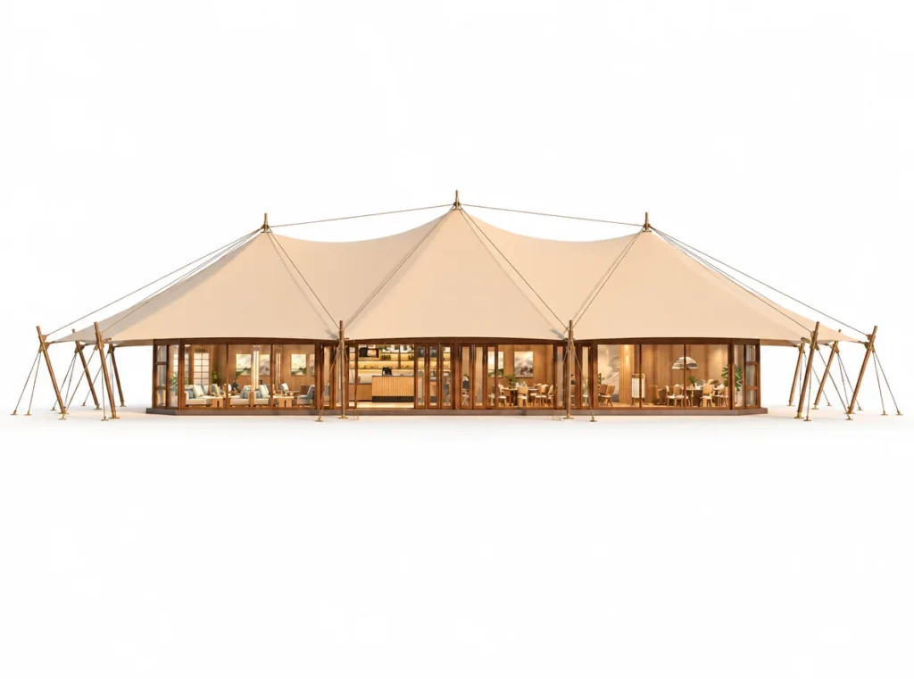 Luxury Tent – Gaea exterior render with a broad multi-peak canopy with exterior poles.