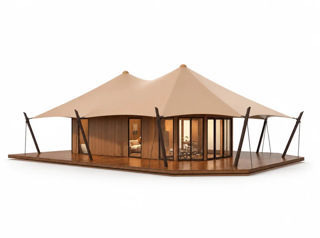 Luxury Tent – Hecate exterior render with a pointed canopy and glazed walls with exterior supports.