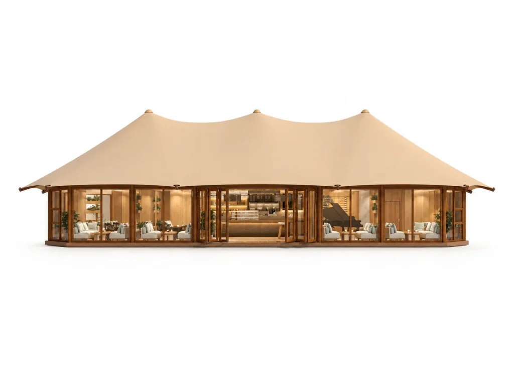Luxury Tent – Libra exterior render with an elongated multi-peak roof and glazed front.