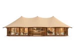 Luxury Tent – Libra exterior render with an elongated multi-peak roof and glazed front.