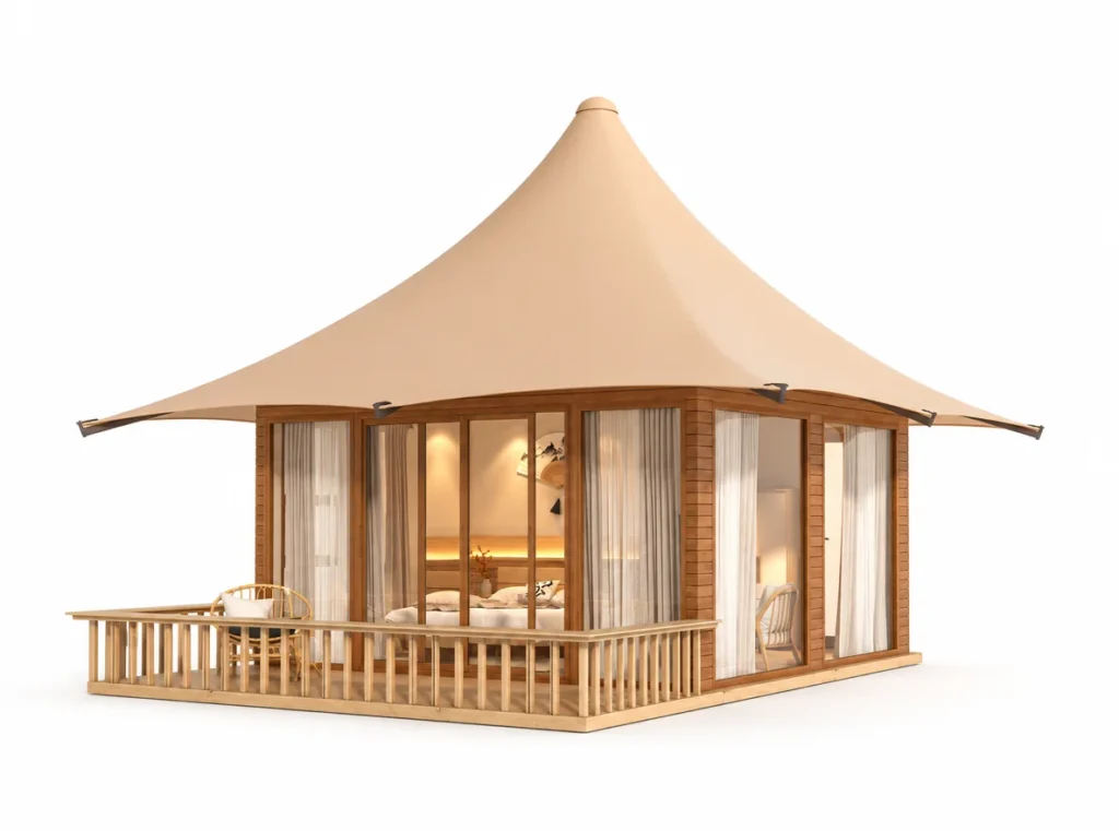 Luxury Tent – Mercury exterior render with a pointed roof and glazed walls above a railed deck.