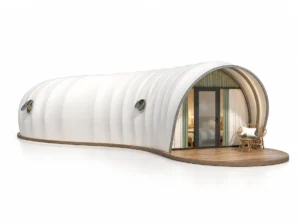 Luxury Tent – Oasis exterior render with an elongated white ribbed shell with circular side windows.