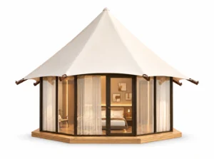 Luxury Tent - Octagon exterior render with white pointed canopy and glazed octagonal walls on a white background.