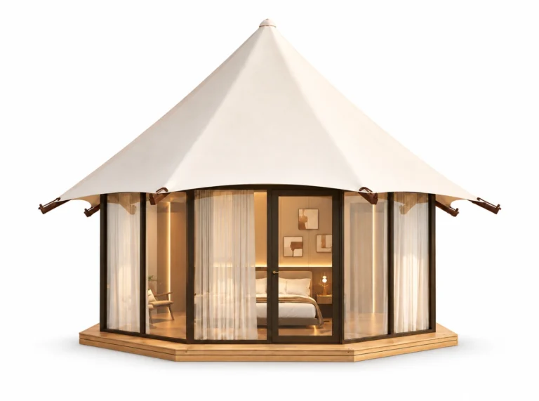 Luxury Tent - Octagon exterior render with white pointed canopy and glazed octagonal walls on a white background.