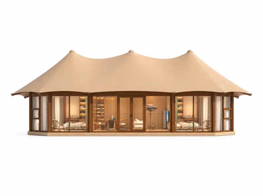 Luxury Tent – Patron exterior render with three roof peaks above a glazed front.