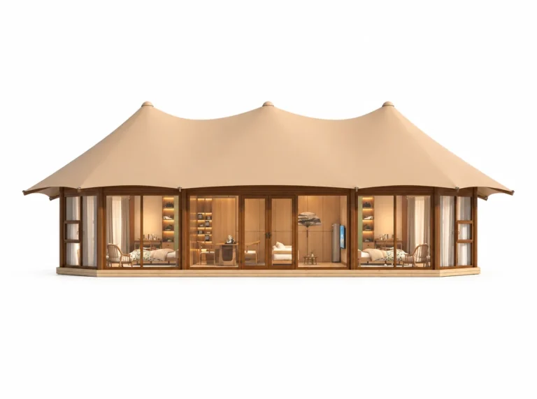 Luxury Tent – Patron exterior render with three roof peaks above a glazed front.
