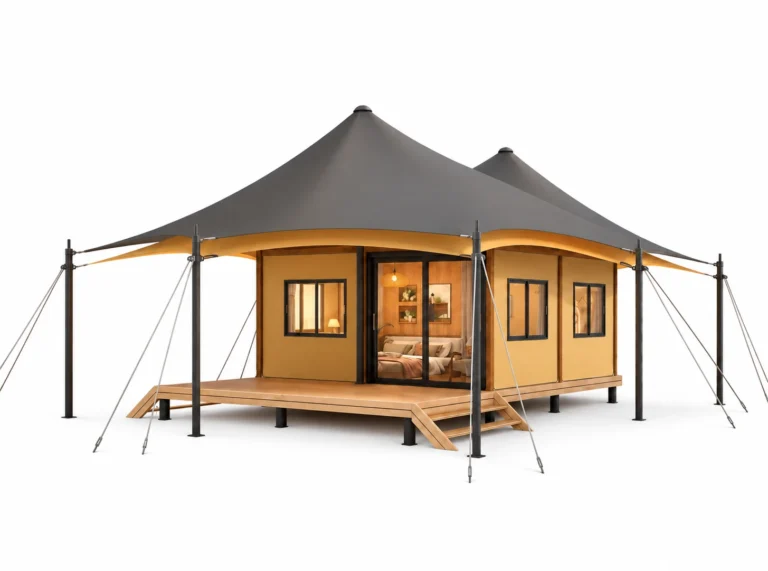 Luxury Tent - Pisces exterior render with dark twin peaked canopy and enclosed cabin on a timber platform on a white background.