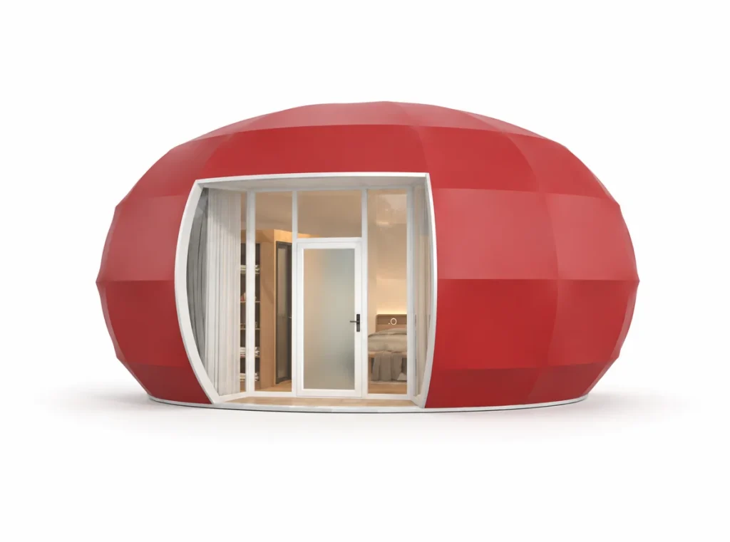 Luxury Tent – Pommes exterior render with a red faceted shell with glazed entry doors.