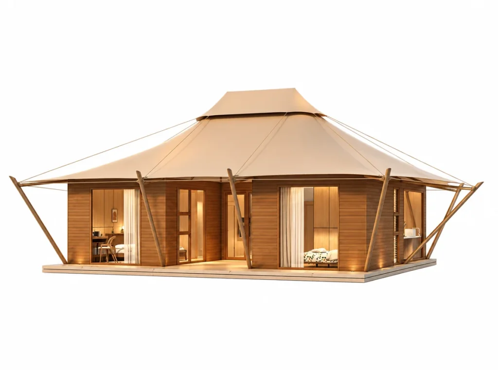 Luxury Tent – Saturn exterior render with a tiered roof and wide shaded veranda.