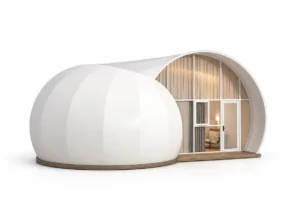 Luxury Tent – Snails exterior render with a rounded white shell and glazed entrance.