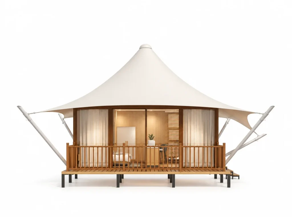Luxury Tent – Square exterior render with a white pointed roof and railed front deck.