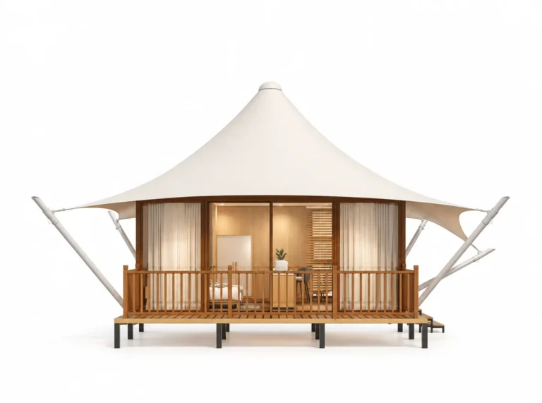 Luxury Tent – Square exterior render with a white pointed roof and railed front deck.