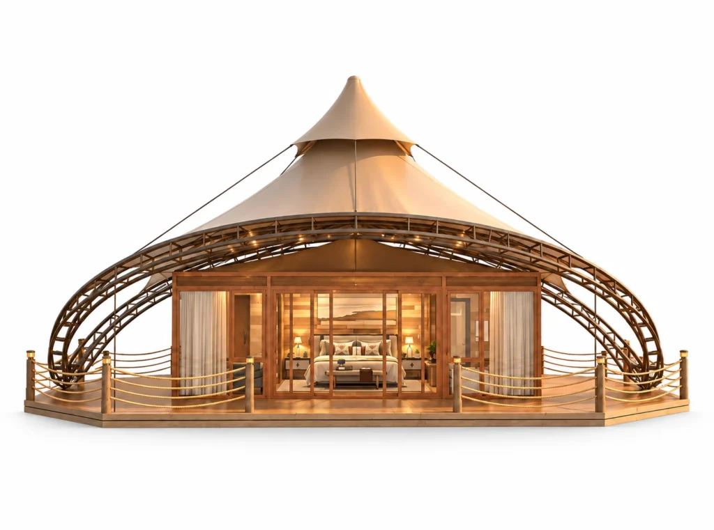 Luxury Tent - Tethys exterior render with tall tan canopy, curved supporting arches and glazed entrance on a white background.