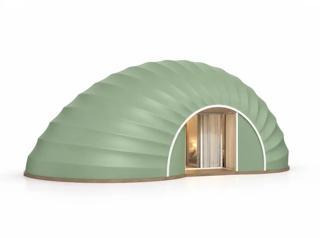 Luxury Tent – Verdome exterior render with a green ribbed shell and arched entrance.