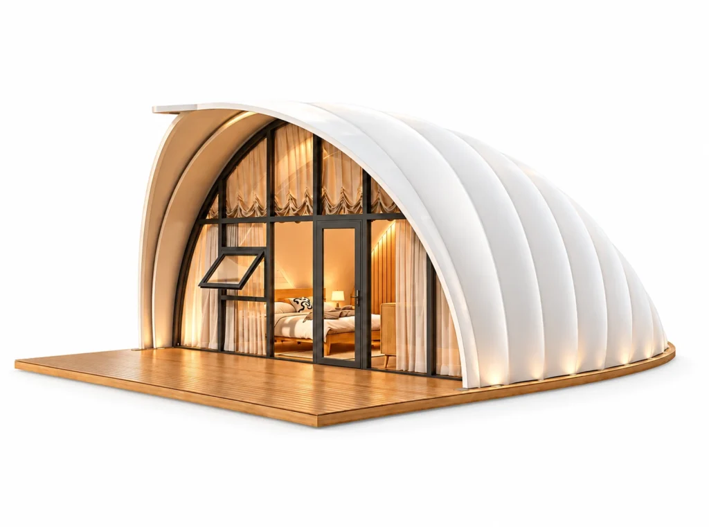 Luxury Tent - Shell exterior render with white ribbed shell roof and glazed front on a white background.