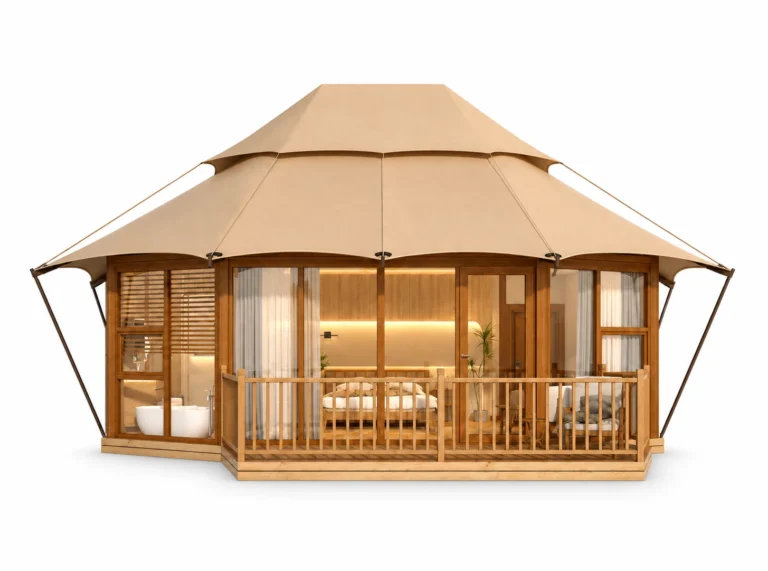 Luxury Tent - Uranus exterior render with tiered tan canopy and front balcony with timber railing on a white background.