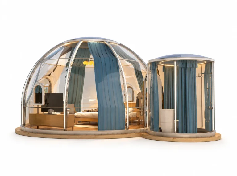 Polycarbonate Dome exterior render with a transparent rounded enclosure with an attached cylindrical module.