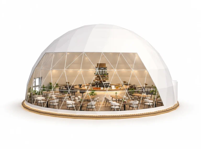 Reception Dome exterior render with a transparent dome enclosure furnished with dining tables.