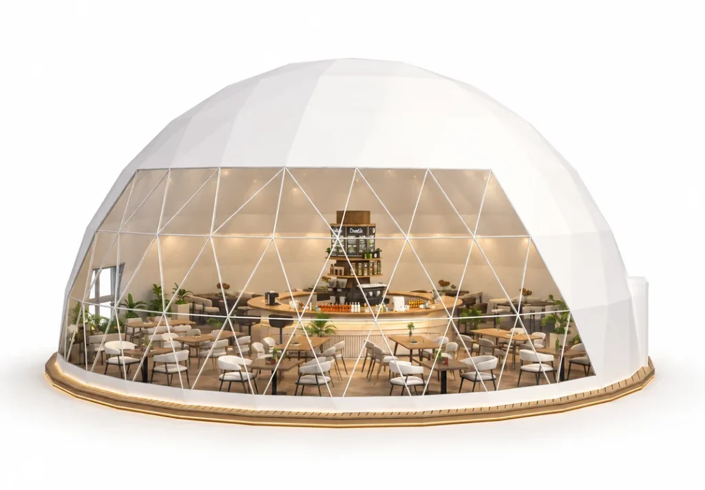 Reception Dome exterior render with a transparent dome enclosure furnished with dining tables.