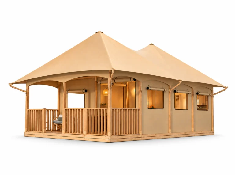 Safari Tent - Aries exterior render with tan peaked roof and covered porch with timber railing on a white background.
