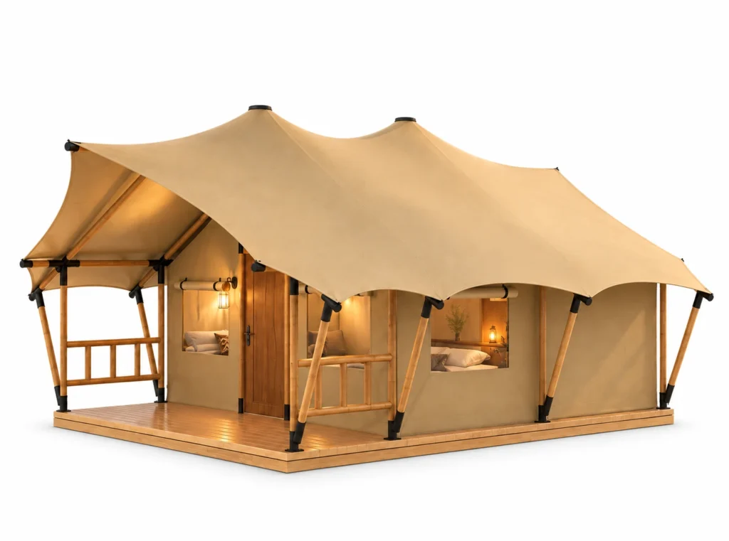Safari Tent - Epic exterior render with tan twin peaked roof and covered front porch on a white background.