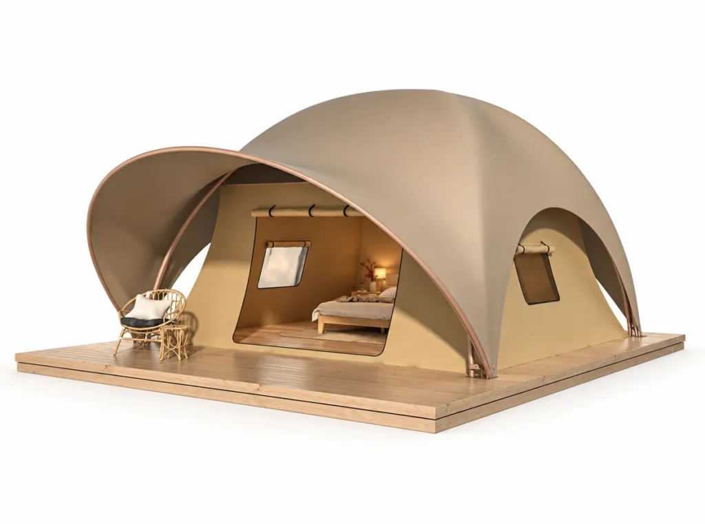 Safari Tent – Hat exterior render with a curved multi-lobed roof and covered deck.