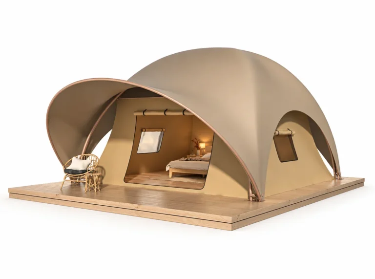 Safari Tent – Hat exterior render with a curved multi-lobed roof and covered deck.