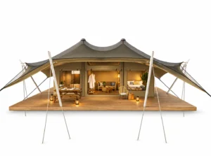 Safari Tent - Heath exterior render with two peaked canopy and furnished covered terrace on a white background.