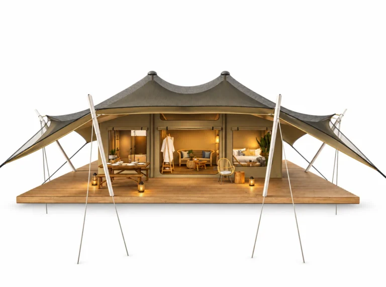 Safari Tent - Heath exterior render with two peaked canopy and furnished covered terrace on a white background.