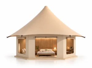 Safari Tent – Hexagon exterior render with a pointed roof and furnished front opening.