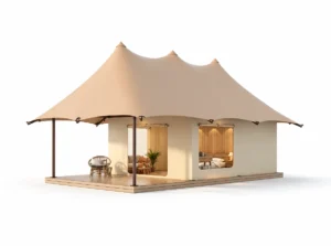 Safari Tent – Leo exterior render with a two-peak roof and open furnished front.