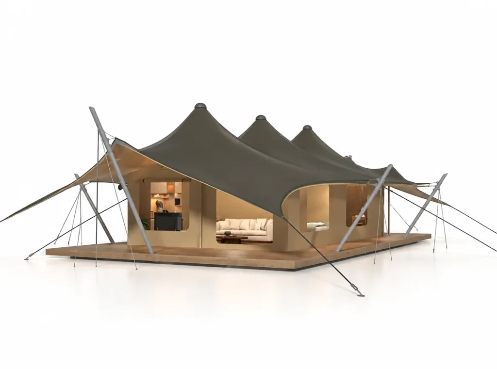 Safari Tent – Moor exterior render with a dark multi-peak canopy supported by poles and guy ropes.