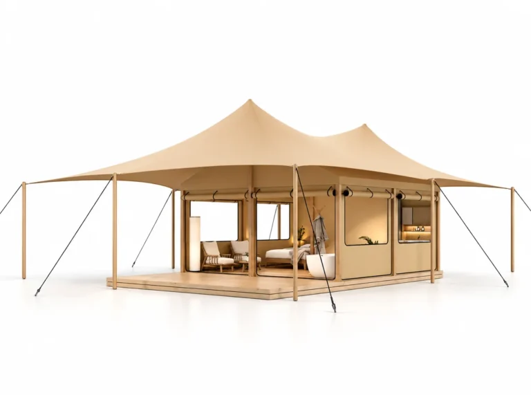Safari Tent – Pisces exterior render with a canvas roof and extended canopy supported by poles.
