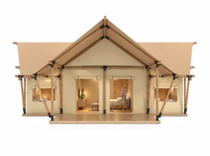 Safari Tent – Pluto exterior render with a double-layer pitched roof and front porch.
