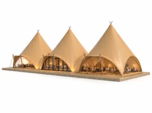 Safari Tent – Pyramid exterior render with three connected conical tent structures.